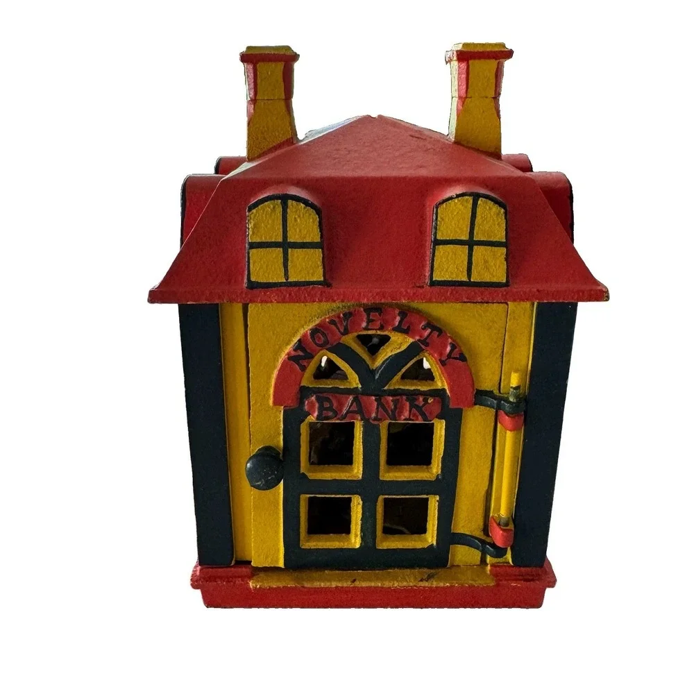 Vintage Cast Iron Novelty Mechanical Coin Bank Building with Teller Rproduction